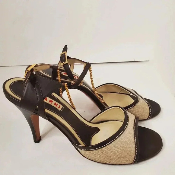 Marni Ankle Chain Leather Canvas Open Toe Heels 37.5 - Picture 4 of 8